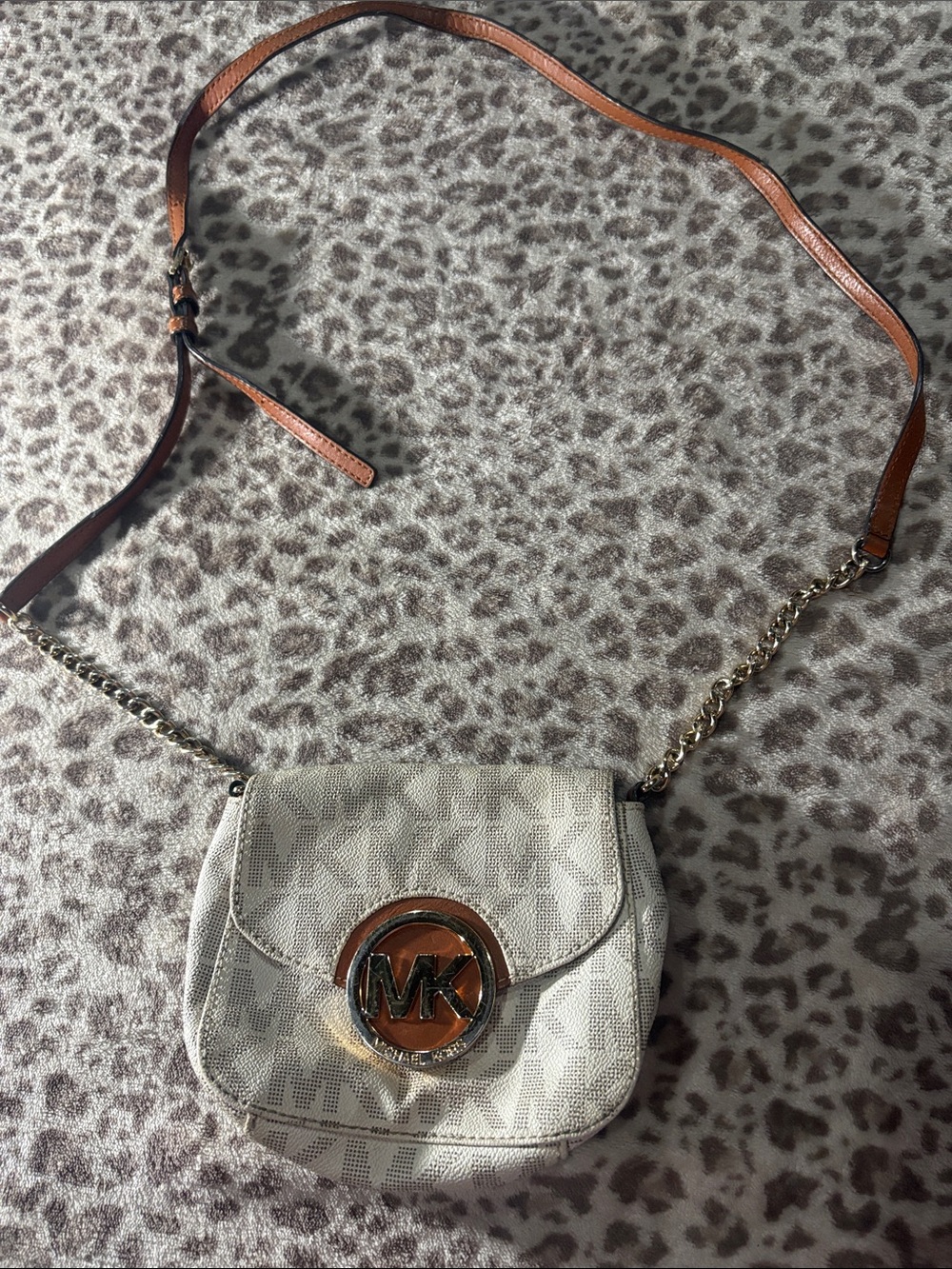 Michael Kors Cream Logo Crossbody with Brown Strap and Gold Accents